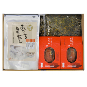 【新商品】博多銘品セット（あご入り旨味だし160g×2、からし高菜220g×1、ウチの明太辛子高菜220g×1、骨まで食べられる明太いわし×2）