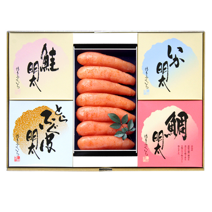 珍味玉手箱E（辛子明太子300g、鮭明太・とらふぐ明太・いか明太・鯛明太 各100g）