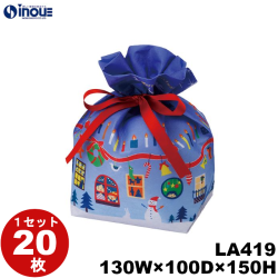 不織布 ラッピング 巾着 リボン 小 クリスマスブルー柄 LA419 1セット20枚 内寸:130W×100D×150H 外寸:130W×100D×215H