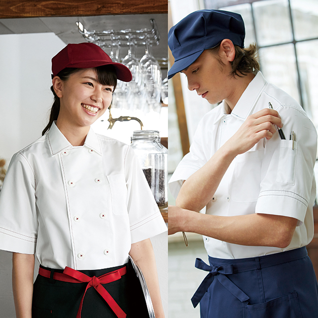 401 カゼン コックシャツ 襟付き 五分袖 男女兼用 左胸ポケット 裾口スリット O-157対応制菌加工 KAZEN サービス フードユニフォーム フードサービス 食品 制服 レストラン 飲食 ホテル カラー ユニセックス 5分袖