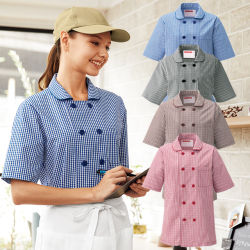 637 カゼン コックシャツ 五分袖 女性用 ギンガムチェック柄 左胸ポケット 裾口スリット入り KAZEN サービス フードユニフォーム フードサービス 食品 制服 レストラン 飲食 ホテル カラー レディース レディス 女子 半袖 ５分袖