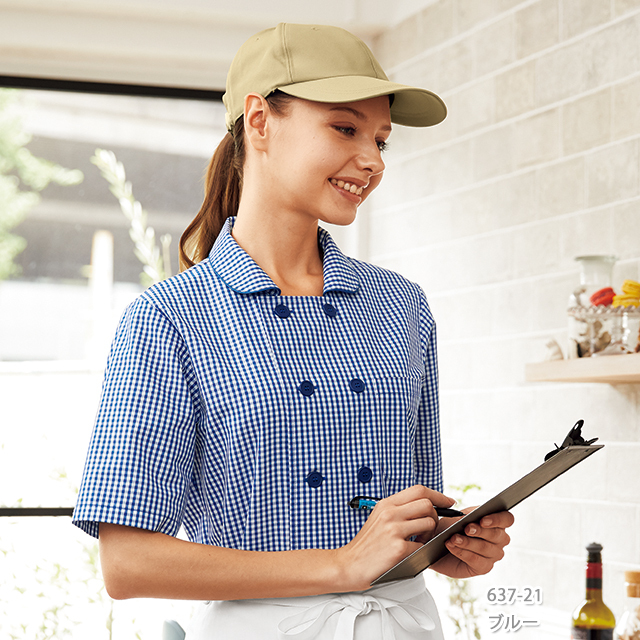 637 カゼン コックシャツ 五分袖 女性用 ギンガムチェック柄 左胸