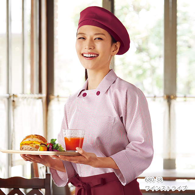680 衿付きコックシャツ ストライプ 兼用 ベーカリー スイーツ 飲食店 ユニフォーム 制服 おしゃれ KAZEN カゼン アプロン 680 カゼン コックシャツ 襟付き 七分袖 男女兼用 ストライプ柄