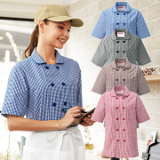 637 カゼン コックシャツ 五分袖 女性用 ギンガムチェック柄 左胸ポケット 裾口スリット入り KAZEN サービス フードユニフォーム フードサービス 食品 制服 レストラン 飲食 ホテル カラー レディース レディス 女子 半袖 ５分袖