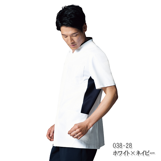 038 カゼン ナースウェア 男性用 スクラブ 襟元脇配色ですっきり ホワイト 透け防止 ストレッチ素材 工業洗濯可 制菌 吸汗 制電 防汚 看護師用 医療用 メンズ ジャケット 白衣 ナース服 大きいサイズ 4L 5L 