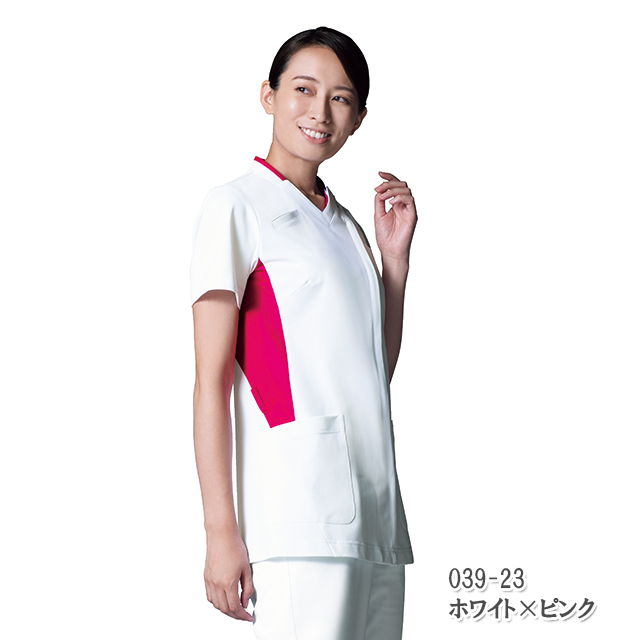 039 カゼン ナースウェア 女性用 スクラブ 襟元脇配色ですっきり ホワイト 透け防止 ストレッチ素材 工業洗濯可 制菌 吸汗 制電 防汚 KAZEN 看護師用 医療用 レディース レディス ジャケット 白衣 ナース服 