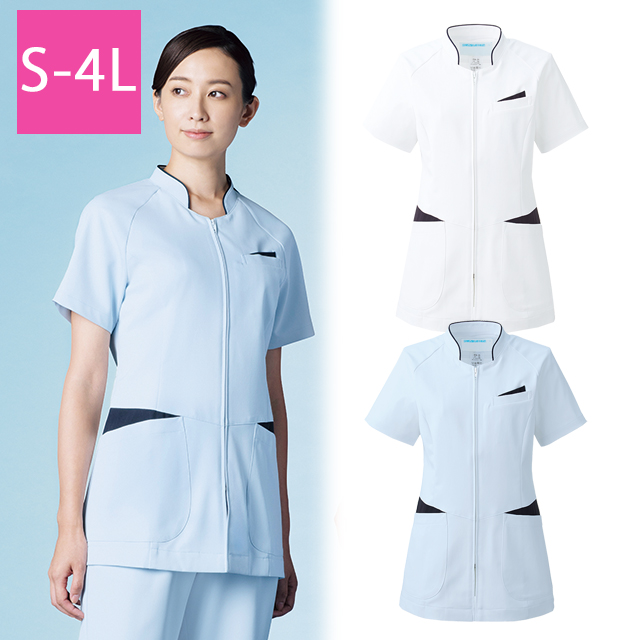 054 カゼン ナースウェア ジャケット 女性用 ラグラン袖で動きやすい ホワイト ブルー 医療用 看護師用 透け防止 ストレッチ素材 工業洗濯可 制菌 吸汗 制電 防汚 KAZEN 看護衣 白衣 ナース服 レディース  チュニック