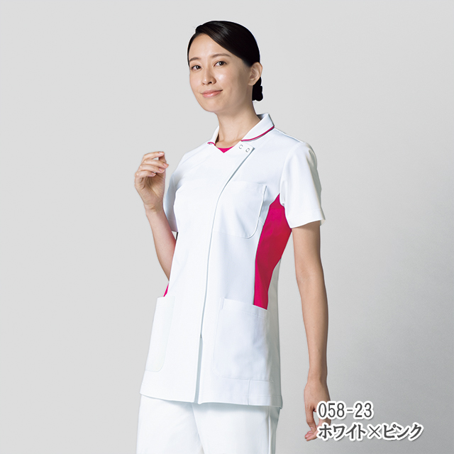 058 カゼン ナースウェア ジャケット 女性用 小ぶりな襟 カラフルな色展開 工業洗濯可 制菌 透け防止 吸汗 制電 ストレッチ 防汚 KAZEN 医療用 看護師用 横掛け 白衣 看護衣 ナース服 レディス レディース  チュニック