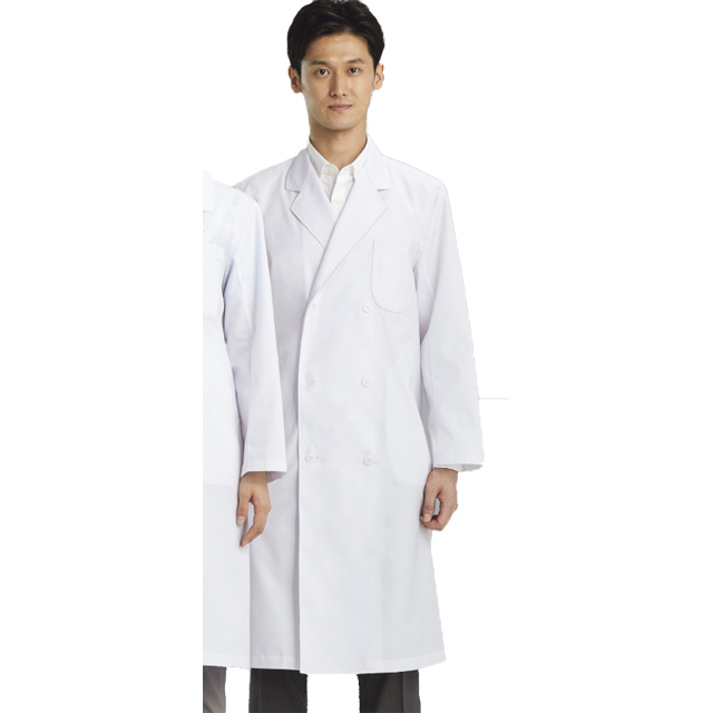 115-70 カゼン 診察衣 長袖 ダブルボタン 男性用 制菌加工 吸汗 防汚 防縮 綿混  KAZEN ドクターコート 医療用 医師 医者 白衣 メンズ 大きいサイズ ホワイト ブルー