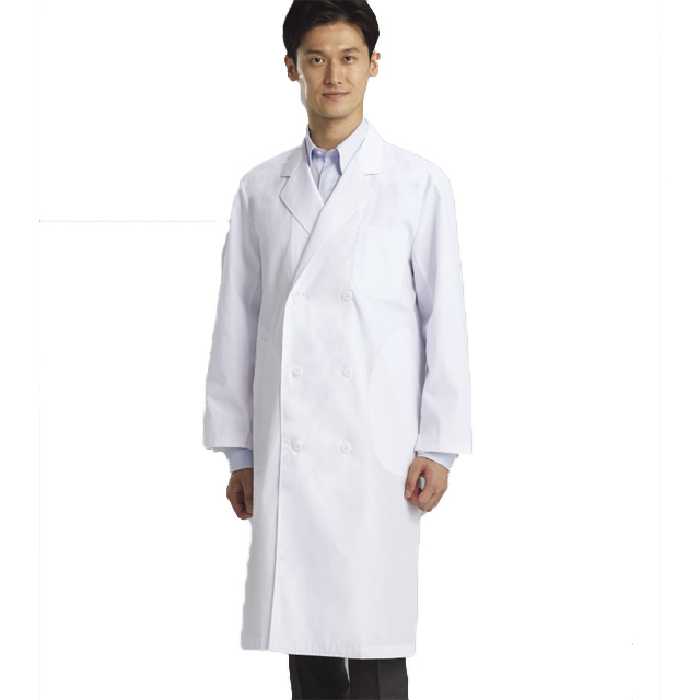 115-30 カゼン 診察衣 長袖 ダブルボタン 男性用 綿混 涼しく快適  ポケット付き 袖口紐入り ペン差し KAZEN ドクターコート 医療用 医師 医者 白衣 メンズ 大きいサイズ ホワイト