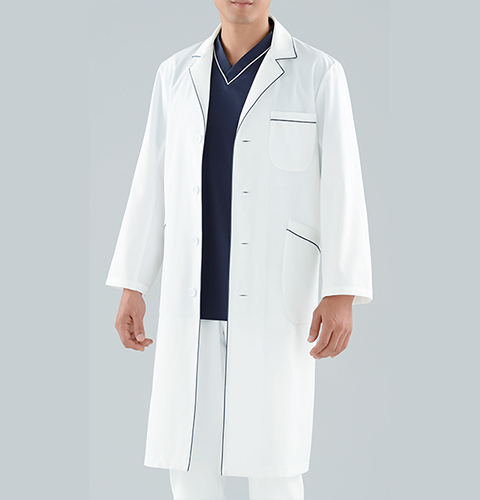 118 カゼン 診察衣 長袖 シングルボタン 男性用 ネイビーライン タブレットポケット PHSポケット ペン差し付き 工業洗濯可 制菌加工 吸汗性 ストレッチ素材  KAZEN ドクターコート 医療用 医師 医者 白衣 