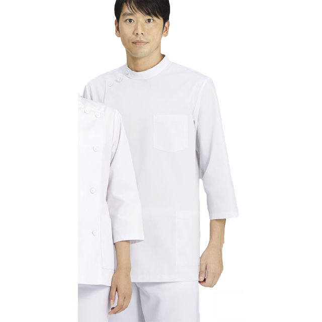 130-70 カゼン ナースウェア 七分袖 ジャケット 男性用 ケーシー 制菌加工 吸汗性 防汚 防縮 KAZEN 医務衣 上衣 白衣 横掛け 白衣 医療用 看護師 メンズ 大きいサイズ ホワイト チュニック