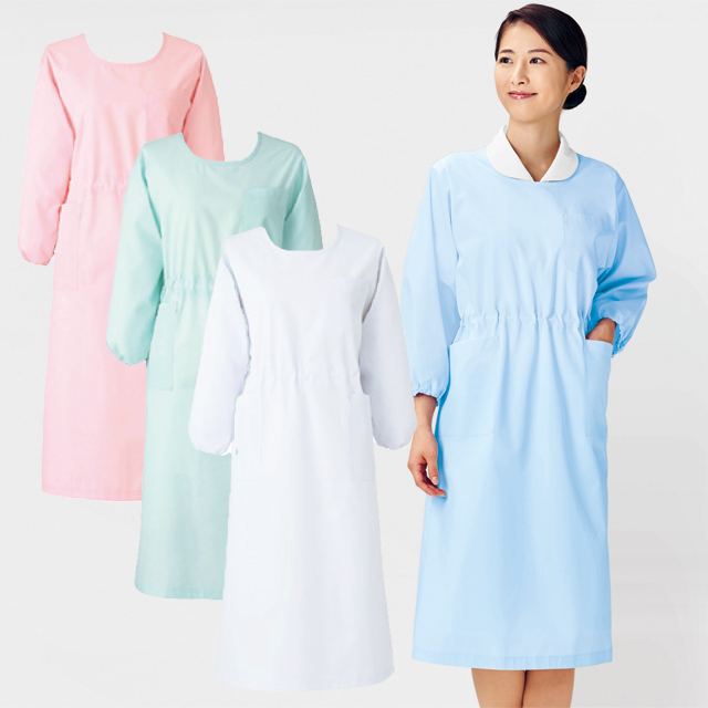 140 カゼン ナースウェア エプロン 七分袖 女性用 ウエスト調整可 袖口紐入り 予防衣 大きいサイズ 制菌加工 KAZEN 医療用 看護師用 白 ホワイト ピンク ブルー グリーン ナース服 ナースウエア レディース レディス 大きいサイズ