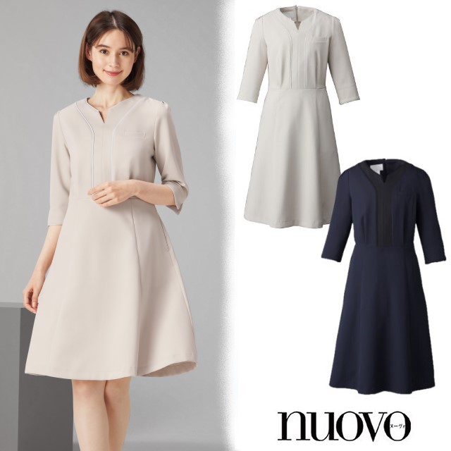 3022SC フォーク ヌーヴォ ワンピース レディス 女性用 六分袖 フレア 丈長 ストレッチ 透け防止 吸汗 速乾 制電 オールシーズン nuovo FOLK 事務服 受付 医療 美容 エステ クリニック サロン 病院 おもてなし