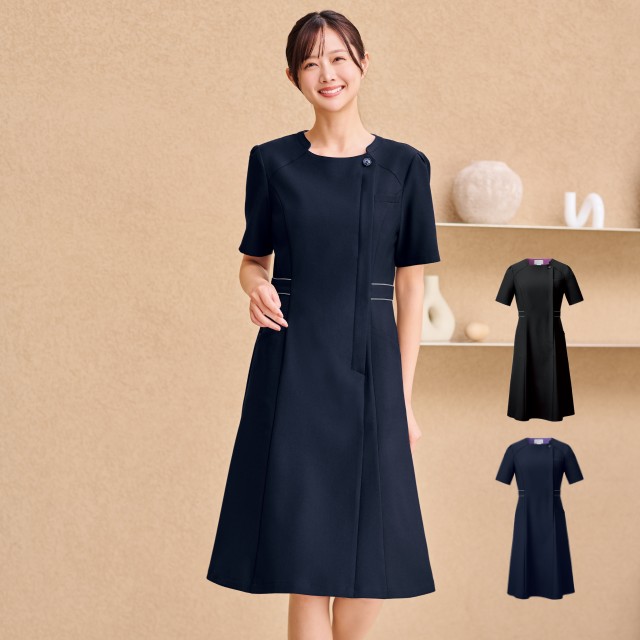 3028SC フォーク ワンピース レディス 女性用 半袖 吸汗 速乾 イージーケア ノーアイロン ストレッチ FOLK 事務 受付 医療 美容 歯科 エステ クリニック サロン 病院 おもてなし ショールーム