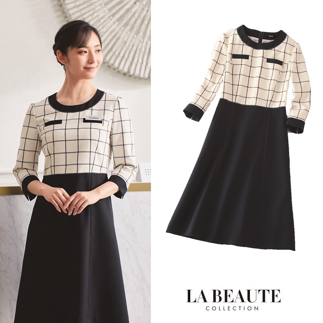 62010 en joie アンジョア ラ・ボーテ ワンピース レディス 女性用 2WAYストレッチ 両脇ポケット付 抗ウイルス加工 ホームクリーニング 美容 医療 サロン エステ クリニック 受付 おもてなし カーディーラー ショールーム 企業受付 インフォメーション アイボリー ネイビー