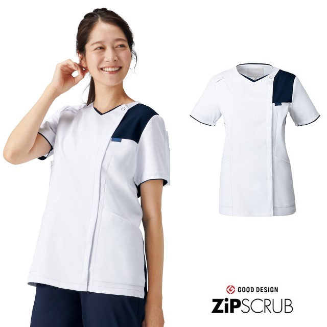7059SC フォーク ナースウェア スクラブ 女性用 透け防止 制電 速乾 ストレッチ 防汚防塵 丈長 おしゃれ FOLK 医療用 看護師 医師 医者 ドクター 女医 レディース レディス 上衣 ジャケット ジップスクラブ 白衣