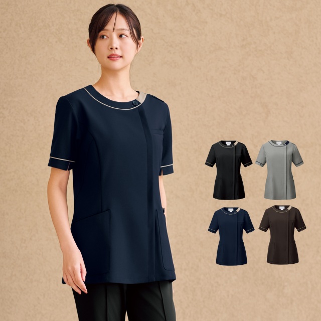 7118SC フォーク チュニック レディス 女性用 半袖 吸汗 速乾 イージーケア ノーアイロン ストレッチ FOLK 医療用 看護師 ナース 歯科衛生士 事務 受付 美容 歯科 エステ クリニック サロン 病院 おもてなし ショールーム