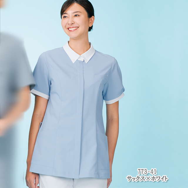 773-41 カゼン ナースウェア ジャケット 女性用 半袖 白襟 携帯ポケット スマホポケット ループ付き 工業洗濯可 制菌加工 透け防止 吸汗 制電 ストレッチ 襟付き KAZEN 医療用 看護師 学生 レディース  チュニック