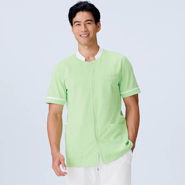 777 カゼン ナースウェア メンズ ジャケット 半袖 男性用 工業洗濯可 制菌加工 透け防止 吸汗 制電 ストレッチ KAZEN 医療用 看護師 ナース 薬剤師 介護 ケア 白衣 大きいサイズ 4L 5L ブルー グリーン チュニック