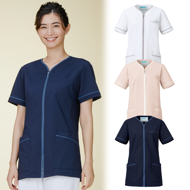 782 カゼン ナースウェア ジャケット 女性用 おしゃれ かっこいい ノーカラー ポケット ループ付き 工業洗濯可 制菌加工 透け防止 吸汗 制電 ストレッチ KAZEN 医療用 看護師 歯科衛生士 エステ レディース  チュニック