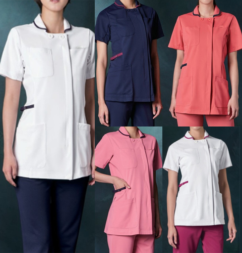 980 カゼン ナースウェア ジャケット 襟付 女性用 半袖 スマホ用ポケット ループ付き 工業洗濯可 制菌加工 透け防止 吸汗 制電 ストレッチ KAZEN 医療用 看護師 介護 歯科衛生士 レディース レディス 上衣 チュニック