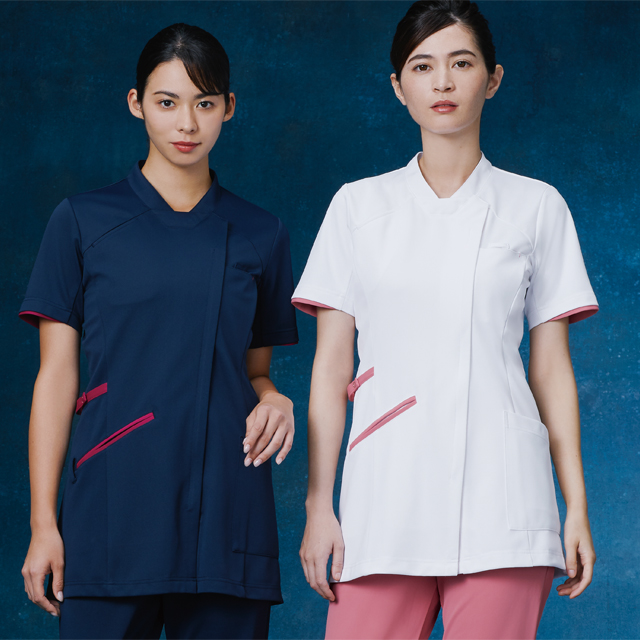 985 カゼン ナースウェア ジャケット 女性用 半袖 スマホ用ポケット ループ付き 動きやすい 工業洗濯可 制菌加工 透け防止 吸汗 制電 ストレッチ KAZEN 医療用 看護師 歯科衛生士 レディース レディス 医務衣  チュニック