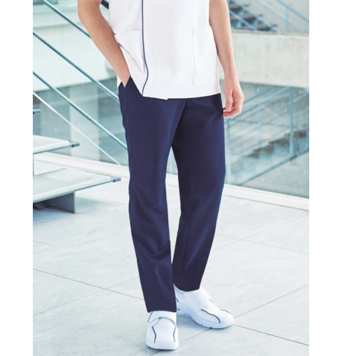 YW37 カゼン 渡辺雪三郎 ナースウェア パンツ 男性用 スリムストレート ノータック 後ろゴム ポケット付き 工業洗濯可 制菌加工 透け防止 吸汗 制電 ストレッチ KAZEN YUKISABURO WATANABE 医療用 看護師 メンズ 男子 ズボン スラックス ネイビー 紺