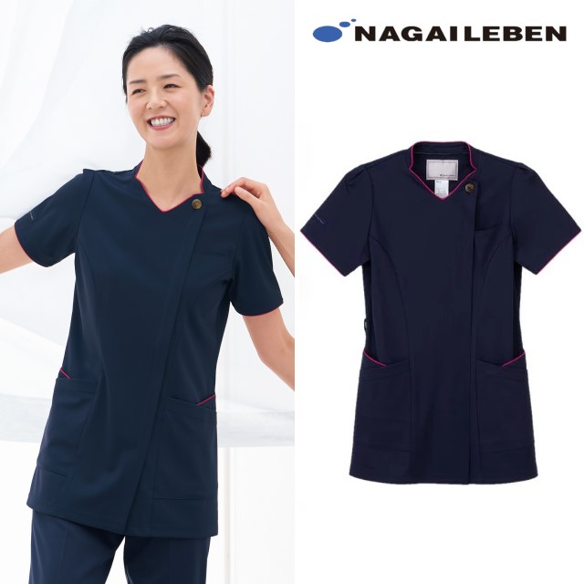 AY3782 ナガイレーベン ナースウェア スクラブ 女性用 半袖 伸縮性 接触冷感 速乾 制電 吸水 防汚 制菌加工 NAGAILEBEN 医療用 看護師 レディース レディス 女子 ジャケット 上衣 白衣 チュニック ネイビー 紺 トロントセットデグレ