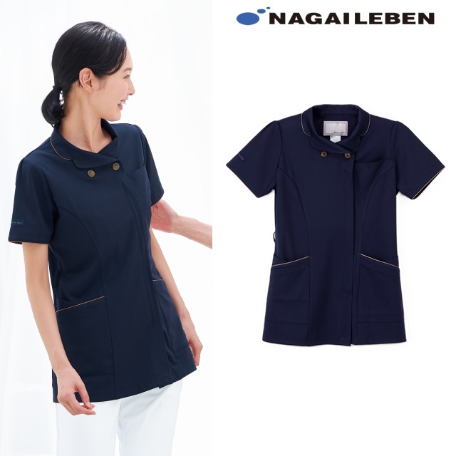AY3787 ナガイレーベン ナースウェア ジャケット 女性用 半袖 伸縮性 接触冷感 速乾 制電 吸水 防汚 制菌加工 NAGAILEBEN 医療用 看護師 レディース レディス 女子 上衣 白衣 チュニック ネイビー 紺 トロントセットデグレ