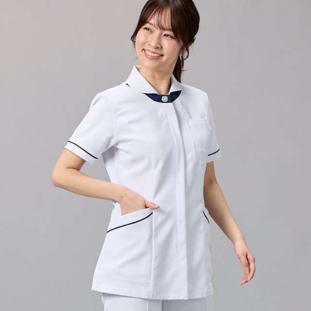 BR1124 オンワード ナースウェア ジャケット 女性用 半袖 制菌加工 静電気帯電防止 ストレッチ 透け防止 防汚 吸水 速乾 形態安定 二重ポケット ループ付き ONWARD ラフィーリア Raffiria 医療用 看護師 レディース レディス 上衣 チュニック 白衣 ネイビー ホワイト
