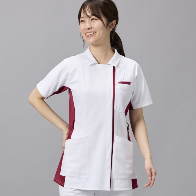 BR1127 オンワード ナースウェア ジャケット 女性用 半袖 制菌加工 静電気帯電防止 ストレッチ 透け防止 吸水 速乾 形態安定 二重ポケット ONWARD ラフィーリア Raffiria 医療用 看護師 レディース レディス 上衣 チュニック 白衣 ホワイト 白