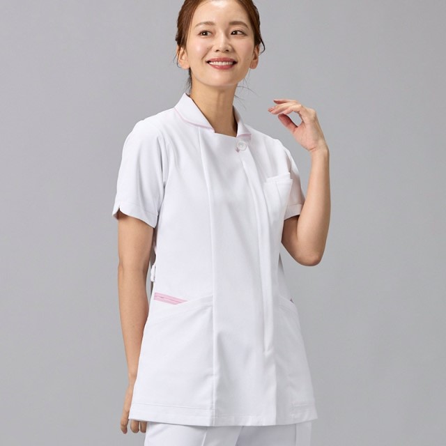 BR1131 オンワード ナースウェア ジャケット 女性用 半袖 制菌加工 静電気帯電防止 ストレッチ 透け防止 吸水 速乾 形態安定 二重ポケット ONWARD ラフィーリア Raffiria 医療用 看護師 レディース レディス 上衣 チュニック 白衣 ホワイト 白