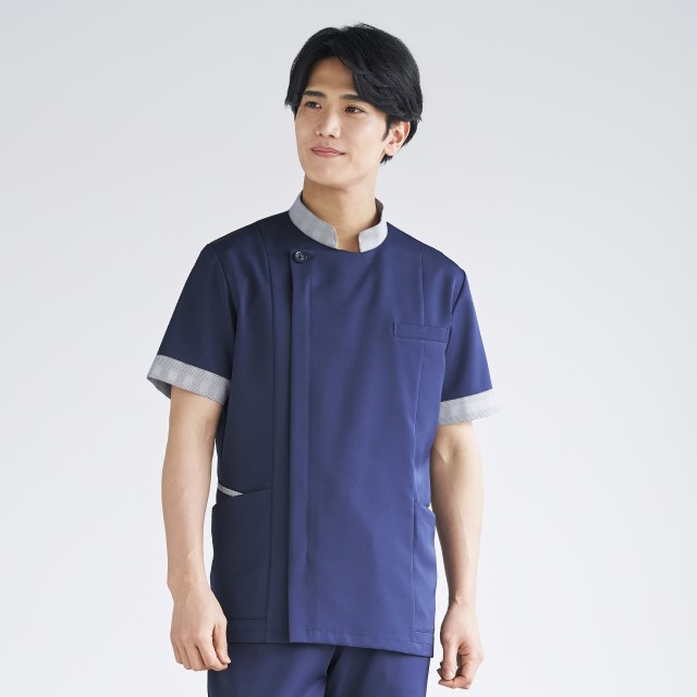 BR4013 オンワード ナースウェア ジャケット 男性用 半袖 制菌加工 静電気帯電防止 ストレッチ 吸水 速乾 接触冷感 工業洗濯可 ONWARD ラフィーリア Raffiria 医療用 看護師 メンズ 上衣 チュニック 白衣