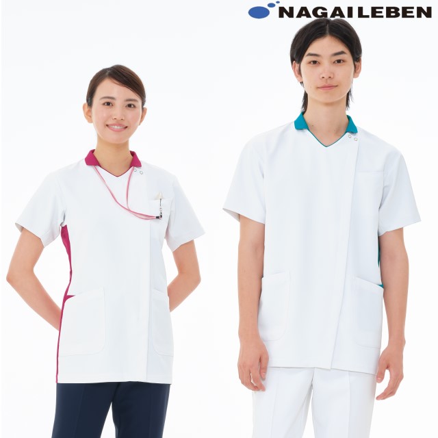 CFS2682 ナガイレーベン ナースウェア ジャケット 男女兼用 半袖 ウエストループ 二重ポケット PHSポケット ポリエステル100 制菌加工 制電 吸水 防汚 透け防止 NAGAILEBEN 医療用 看護師 ユニセックス 