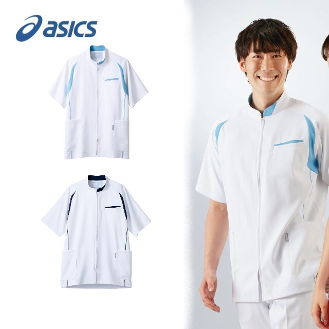 CHM552 住商モンブラン アシックス ナースウェア ジャケット 男性用 半袖 スタンドカラー ファスナー ポケット付き 制菌加工 透け防止 吸汗 制電 防汚 MONTBLANC asics 医療用 看護師 介護 メンズ