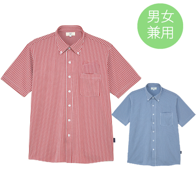 CR196 トンボ キラク 介護ウェア ニット シャツ 男女兼用 ギンガムチェック ストレッチ 工業洗濯 吸汗 速乾 医療用 病院 医院 施設 受付 事務 制服 ユニフォーム TOMBOW KIRAKU