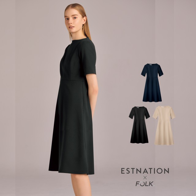 ESTNATION × FOLK EN100 接客 受付 医療 ワンピース レディス 女性用 半袖 吸汗 速乾 イージーケア ノーアイロン ストレッチ 工業洗濯可 事務 美容 歯科 エステ クリニック サロン 病院 おもてなし ショールーム フォーク エストネーション コラボ