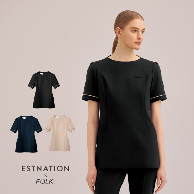 ESTNATION × FOLK EN201 接客 受付 医療 チュニック レディス 女性用 半袖 吸汗 速乾 イージーケア ノーアイロン ストレッチ 工業洗濯可 事務 美容 歯科 エステ クリニック サロン 病院 おもてなし ショールーム フォーク エストネーション コラボ