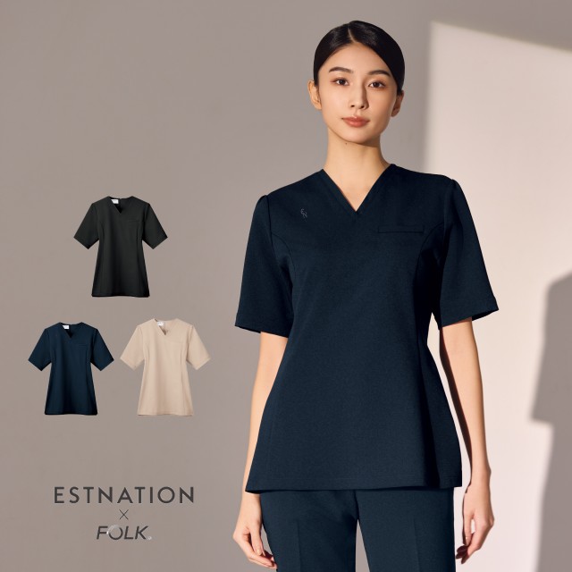 ESTNATION × FOLK EN700 スクラブ レディス 女性用 半袖 吸汗 速乾 イージーケア ノーアイロン ストレッチ 工業洗濯可 医療 医師 看護師 受付 事務 美容 歯科 エステ クリニック サロン 病院 フォーク エストネーション コラボ