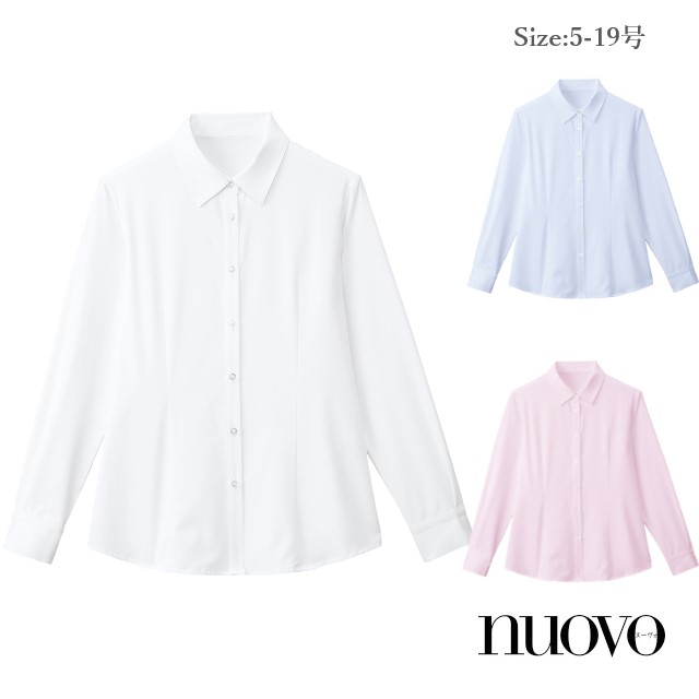 FB75577 フォーク ヌーヴォ オフィスウェア ブラウス 長袖 レディス 女性用 おうち洗濯 イージーケア 速乾 ノーアイロン しわになりにくい ストレッチ ホワイト サックス ピンク nuovo FOLK 事務服 受付 医療 美容 エステ クリニック サロン 病院 おもてなし