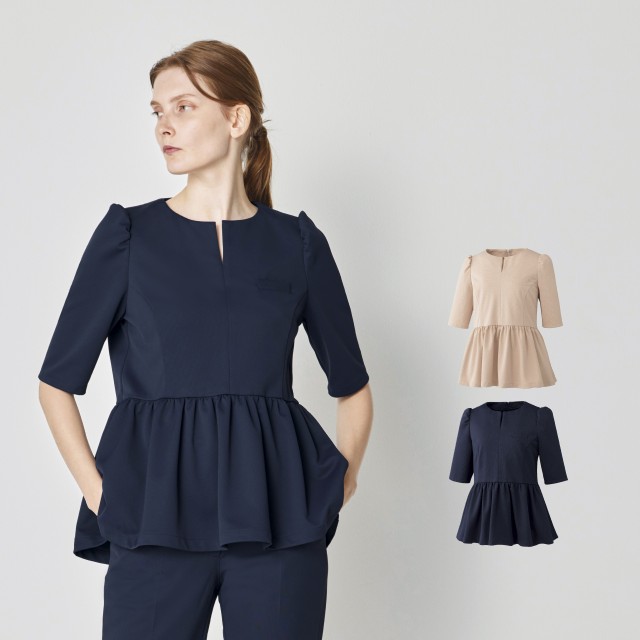 FR-0003 ナースウェア ペプラム トップス 六分袖 女性用 フォロレゾン UNITE ユナイト チトセ 透け防止 制菌 制電 ストレッチ イージーケア 工業洗濯対応 医療用 白衣 ナース 看護師 受付 事務 エステ クリニック サロン 歯科 美容 小児科 婦人科 薬剤師 ネイビー ピンク