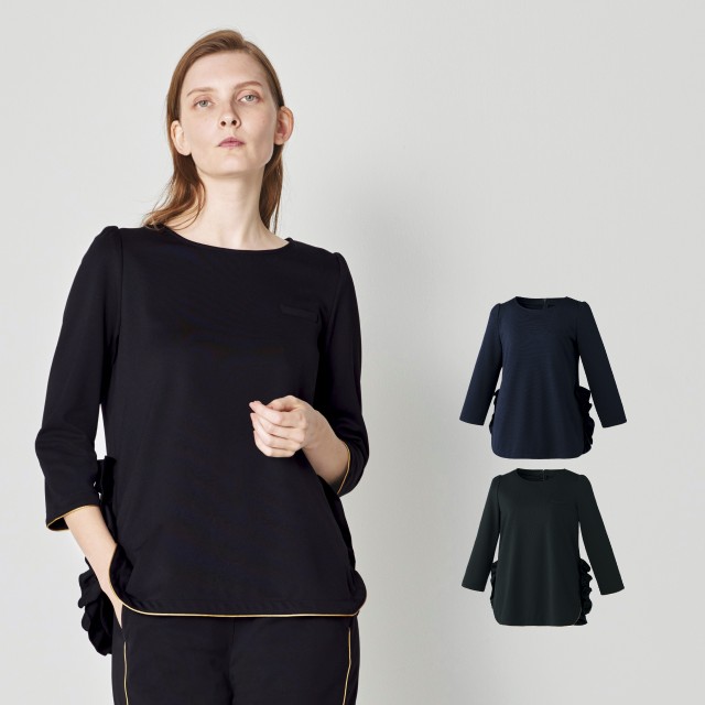 FR-0005 ナースウェア フリル トップス 七分袖 女性用 後ろファスナー ジャージ素材 フォロレゾン UNITE ユナイト チトセ 制菌 ストレッチ イージーケア 医療用 白衣 ナース 看護師 受付 事務 エステ クリニック サロン 歯科 美容 小児科 婦人科 薬剤師 ネイビー ブラック