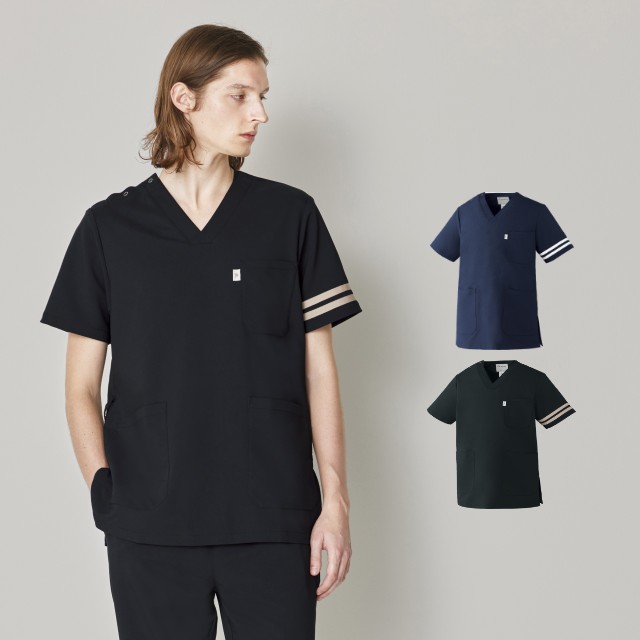 FR-0007 ナースウェア スクラブ 男女兼用 肩口スナップボタン かぶりタイプ フォロレゾン UNITE ユナイト チトセ 制菌 制電 ストレッチ 工業洗濯対応 シワになりにくい 医療用 白衣 ナース 看護師 エステ クリニック サロン 歯科 小児科 薬剤師 ネイビー ブラック