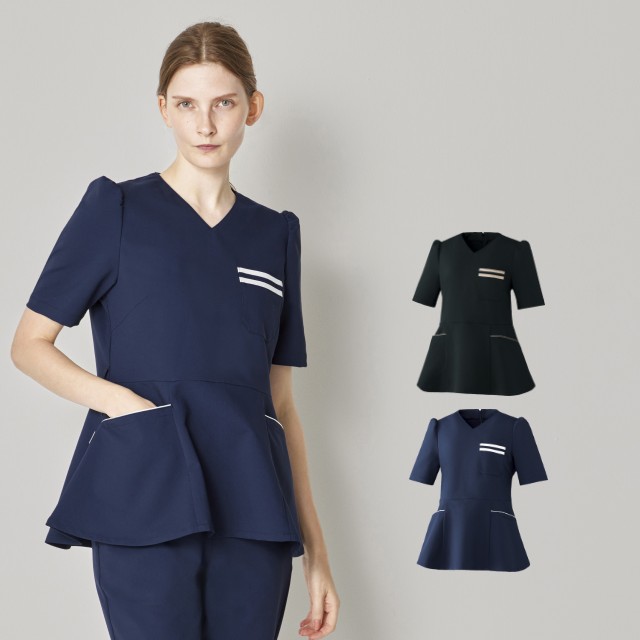 FR-0008 ナースウェア スクラブ 女性用 後ろファスナー フォロレゾン UNITE ユナイト チトセ 制菌 制電 ストレッチ 工業洗濯対応 シワになりにくい 医療用 白衣 ナース 看護師 エステ クリニック サロン 歯科 小児科 薬剤師 ネイビー ブラック