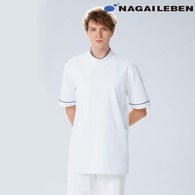HO1962 ナガイレーベン ナースウェア ケーシー ジャケット 男性用 半袖 ジップアップ 制菌加工 制電 吸水 防汚 透け防止 NAGAILEBEN 医療用 看護師 薬剤師 メンズ 男子 横掛け 上衣 医務衣 白衣 