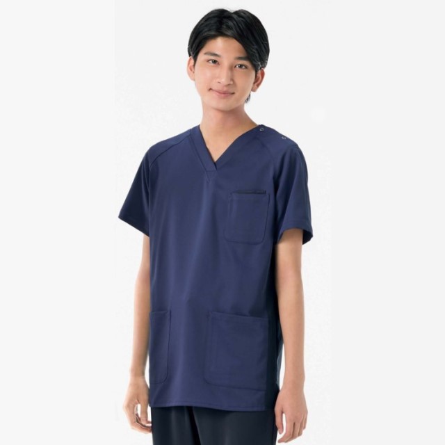HS8004 オンワード ナースウェア スクラブ 男女兼用 半袖 制菌加工 静電気帯電防止 ストレッチ 透け防止 防汚 吸水 速乾 形態安定 二重ポケット ONWARD ラフィーリア Raffiria 医療用 看護師 ユニセックス 上衣 チュニック ジャケット白衣 ネイビー 紺色