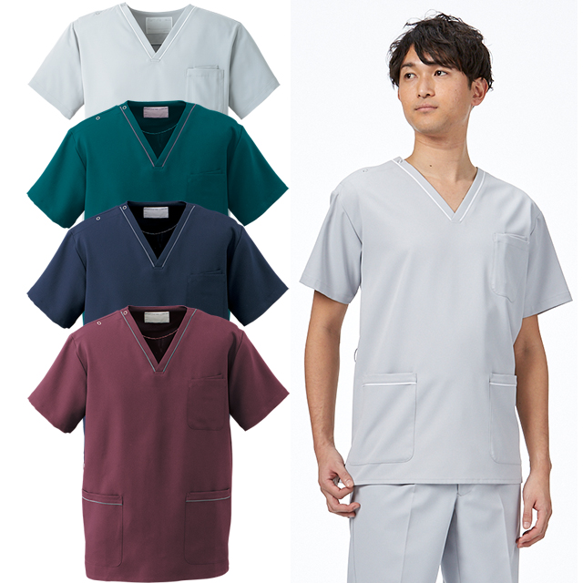 HS8005 オンワード ナースウェア スクラブ 男女兼用 半袖 PHSポケット 制菌加工 静電気帯電防止 ストレッチ 透け防止 防汚 吸水 速乾 形態安定 ONWARD 医療用 看護師 介護 ユニセックス ジャケット 白衣