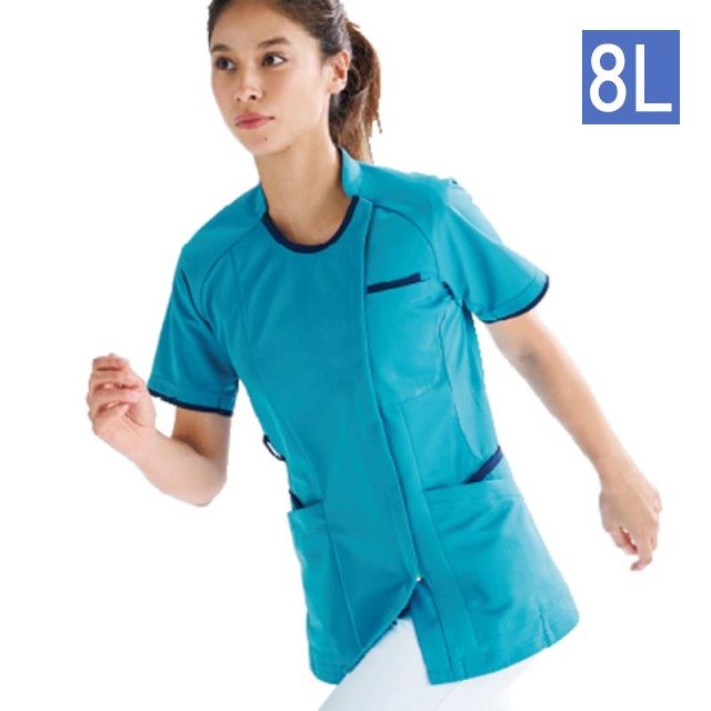 HS8054B オンワード ナースウェア サイドファスナー スクラブ 女性用 半袖 大きいサイズ 制菌加工 接触冷感 ストレッチ 形態安定 ONWARD 医療用 看護師 レディース レディス 女子 ジャケット 白衣 上衣 チュニック 医務衣 4L 5L 6L 7L 8L