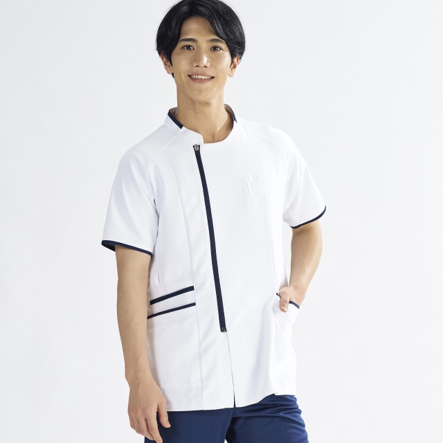 HS8066 オンワード ナースウェア サイドファスナー スクラブ 男性用 半袖 キーループ 制菌加工 静電気帯電防止 ストレッチ 透け防止 吸水 速乾 形態安定 二重ポケット ONWARD 医療用 看護師 メンズ 男子 ジャケット 白衣 上衣 医務衣